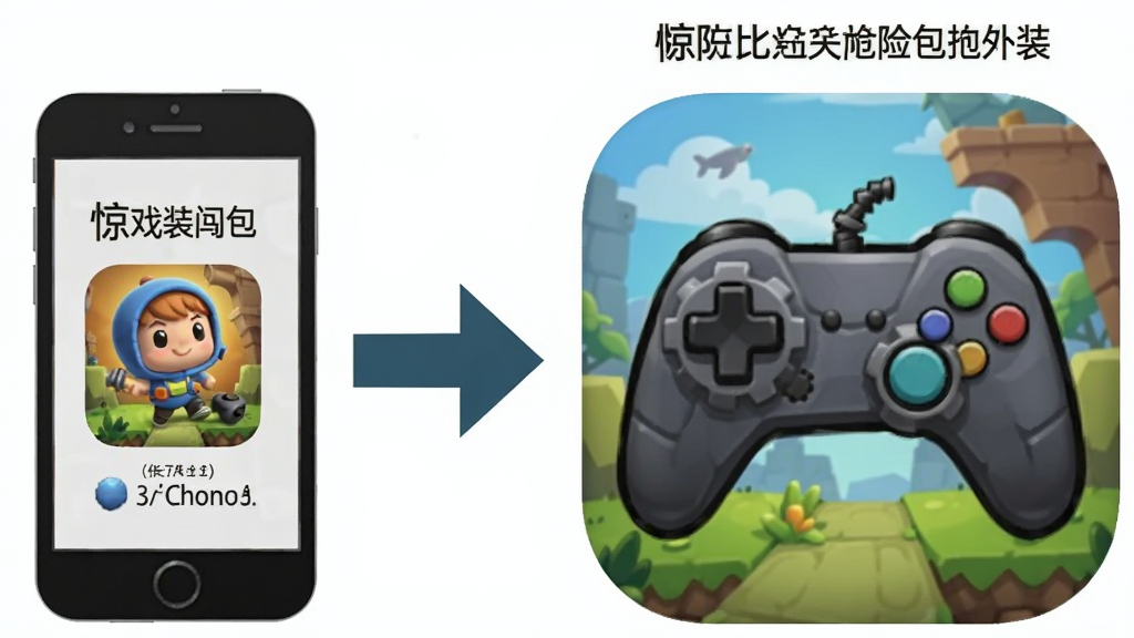 一张展示惊险闯关冒险安装包体积对比的图片,画面中一个手机图标旁边显示游戏安装包大小,旁边有一个大的游戏图标显示体积较大,形成对比,风格为信息图,背景为白色,细节清晰,画质干净,无多余元素。