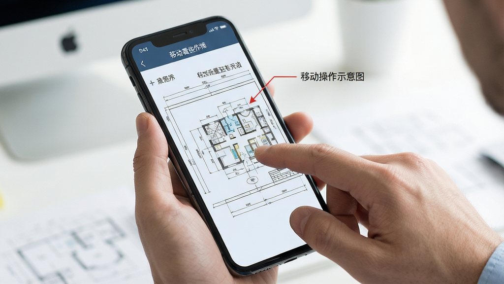CAD专业看图师 移动端操作示意图 手机握持 手指缩放图纸 界面标注清晰 浅色背景 简洁风格 高清画质