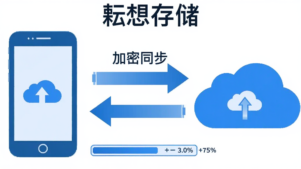一张展示“耘想存储”数据同步过程的示意图,画面左侧是手机图标,右侧是云朵图标,中间有双向箭头连接,箭头上方显示“加密同步”字样,底部有进度条显示传输百分比,整体风格为扁平化科技蓝,画质干净