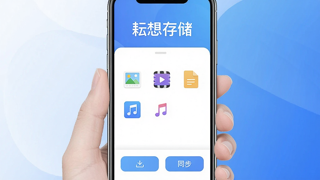 一张展示“耘想存储”手机应用主界面的图片,画面中央是简洁的白色与蓝色渐变背景,顶部有“耘想存储”的醒目文字标识,中间区域排列着文件分类图标如照片、视频、文档、音乐,底部是上传和同步按钮,整体风格现代扁平,画质干净清晰,无多余元素