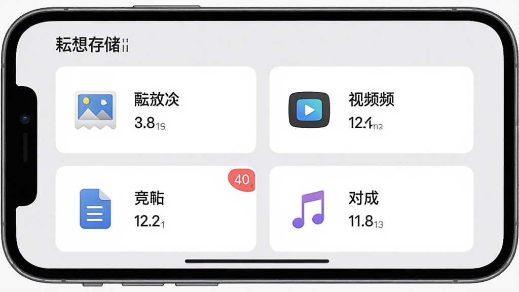 一张展示“耘想存储”应用内文件分类界面的图片,画面主体是手机屏幕,屏幕上显示照片、视频、文档、音乐四大分类卡片,每个卡片上有对应的图标和数量角标,背景是浅灰色,界面风格简洁明快,画质清晰,无杂乱元素
