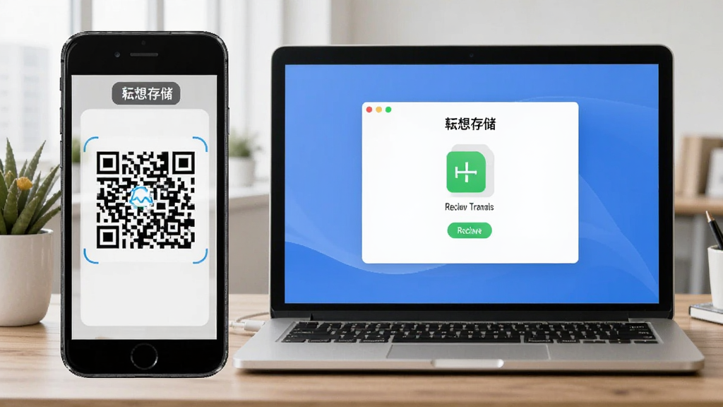 一张展示“耘想存储”在手机和电脑之间通过局域网传输文件的场景图,画面中手机屏幕显示二维码,电脑屏幕显示接收界面,背景是办公桌,风格写实,画质清晰
