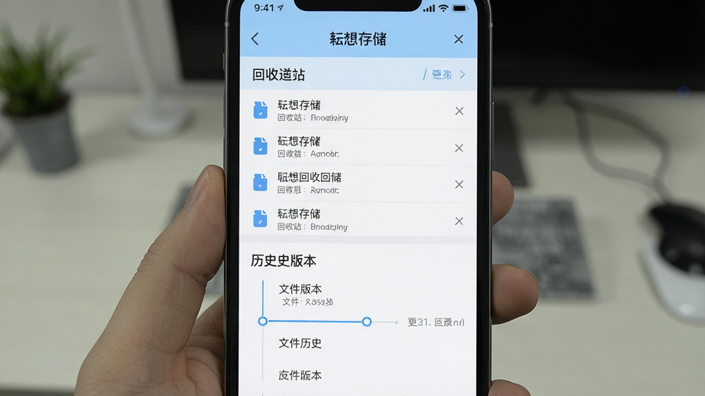 一张展示“耘想存储”回收站与版本历史界面的图片,画面主体是手机屏幕,屏幕上半部分显示回收站列表,下半部分显示文件历史版本时间轴,界面配色以白色和浅蓝色为主,文字标注清晰,风格简洁