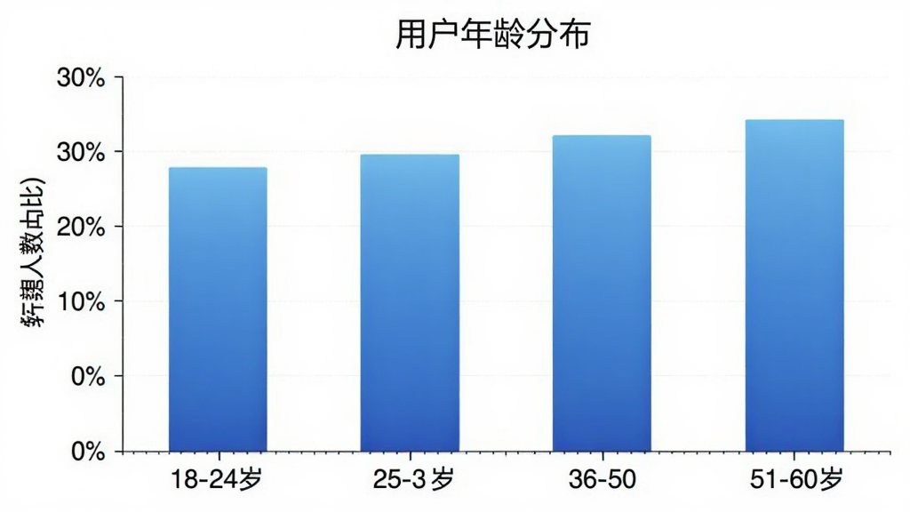 一张柱状图,展示“耘想存储”用户年龄分布,横轴为18-24岁、25-35岁、36-50岁、51-60岁,纵轴为人数占比,柱状图颜色为蓝色渐变,图表标题为“用户年龄分布”,背景为白色,画质清晰