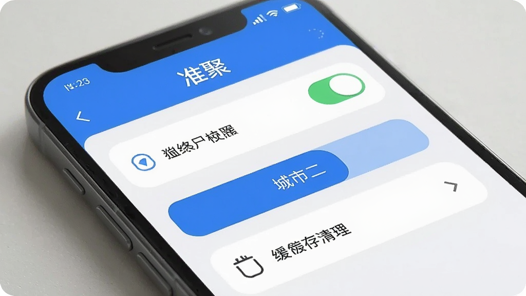 һ��AI���ɵ�ͼƬ��������һ���ֻ���Ļ����Ļ����ʾ�š�׼�ۡ�App�����ý��棬�������ж�λȨ�޿��ء������л���ť����������ѡ��������࣬��ť���������ʸɾ����޶���Ԫ��