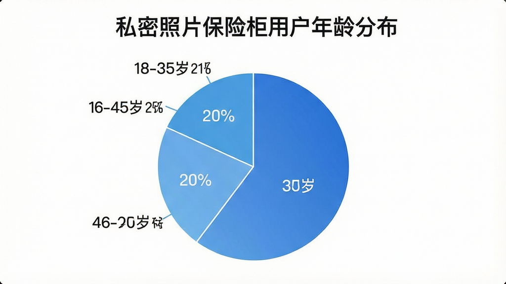 一张饼状图,标题为“私密照片保险柜用户年龄分布”,显示18-25岁占20%,26-35岁占35%,36-45岁占25%,46-60岁占20%,配色为蓝色系渐变,风格简洁商务,画质清晰,干净无多余元素