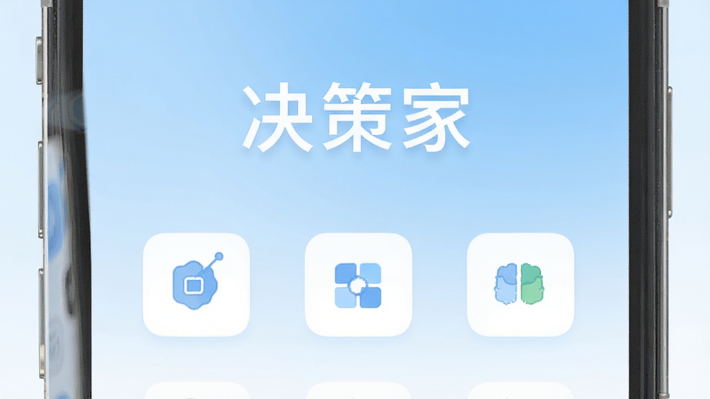 手机屏幕中央显示“决策家”应用主界面,背景为干净的浅蓝色渐变,界面顶部有“决策家”三个大字,下方排列着几个简洁的决策辅助功能图标,整体布局清晰,风格现代简约,画质干净无多余元素