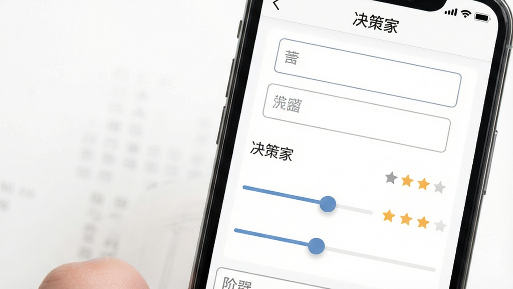 手机屏幕显示“决策家”应用内一个决策模板的填写界面,界面上有多个输入框和滑动评分条,背景为白色,文字为深灰色,风格简洁实用,画质干净无多余元素