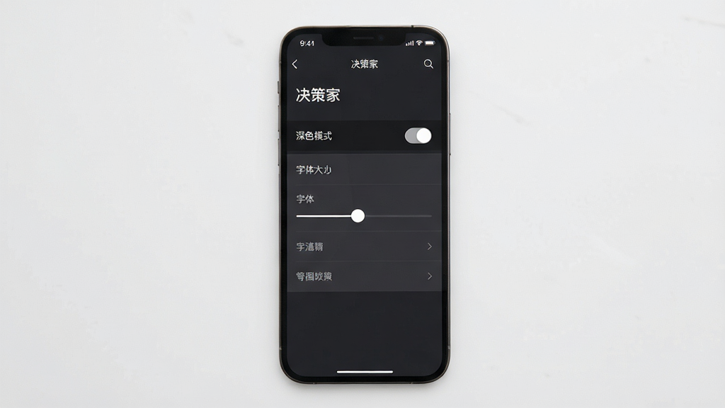 手机屏幕显示“决策家”应用的设置界面,界面上有深色模式开关、字体大小调节滑块等选项,背景为深灰色,文字和图标为白色,风格极简,画质干净无多余元素