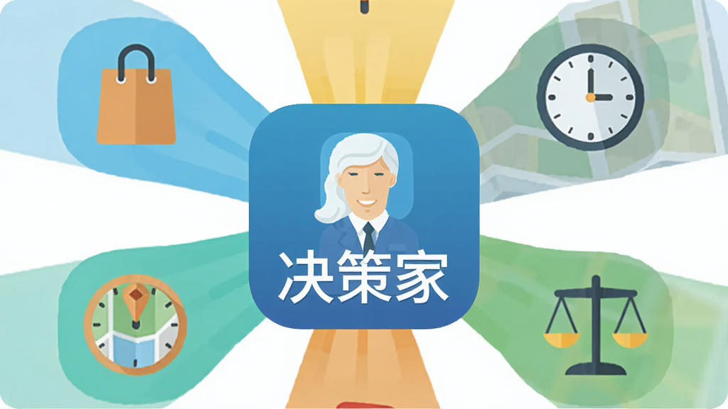 一张扁平化风格的插图,画面中央是“决策家”应用图标,周围环绕着代表不同决策场景的小图标,如购物袋、地图、时钟、天平,整体排版呈放射状,风格简洁明快,画质干净无多余元素