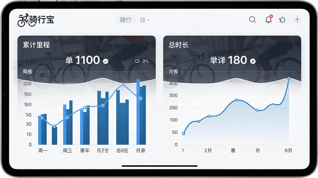 一张展示“骑行宝”应用历史数据统计页面的图片,屏幕上显示着周报和月报的柱状图与折线图,累计里程和总时长数字醒目,界面排版整齐,风格简洁商务,画质干净,无多余元素