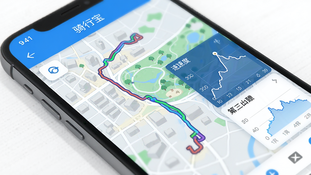 手机屏幕显示“骑行宝”应用中的地图轨迹记录页面,一条清晰的彩色路线蜿蜒穿过城市和公园,旁边有速度曲线和海拔图表,界面以蓝白色调为主,风格干净清爽,画质清晰,无多余元素
