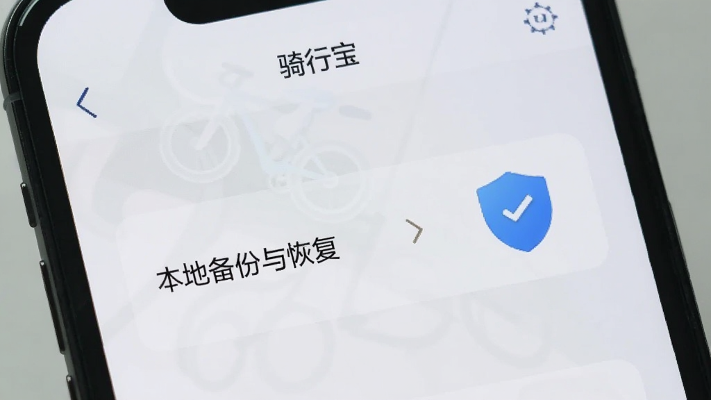 手机屏幕展示“骑行宝”应用设置页面,界面中有本地备份与恢复选项,旁边配有一个盾牌图标代表隐私安全,整体以浅色背景为主,风格简约,画质清晰,无多余元素
