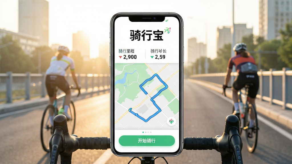 一张展示手机骑行记录应用主界面的图片,画面中央是手机屏幕,屏幕上显示着“骑行宝”三个大字,界面布局简洁,顶部有骑行里程和时长数据,中间是地图轨迹路线,底部有开始骑行按钮,背景是清晨阳光下的城市骑行道,风格清新现代,细节清晰,画质干净,无多余元素
