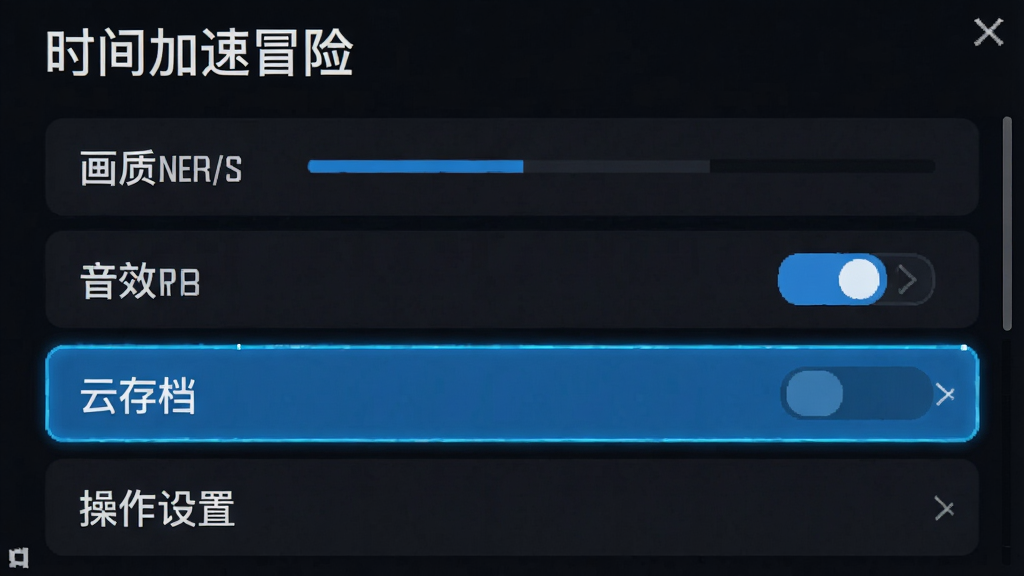 时间加速冒险游戏设置界面截图,布局为纵向列表,包含画质调节、音效开关、云存档和操作设置等选项,风格为简洁深色主题,细节处有蓝色高亮选中状态,画质清晰,无多余元素,界面中带有“时间加速冒险”文字标识