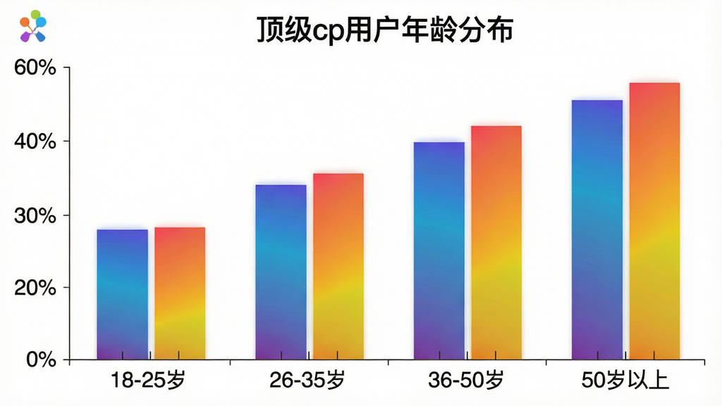 一张柱状图,横轴标注年龄段“18-25岁”、“26-35岁”、“36-50岁”、“50岁以上”,纵轴标注百分比,柱状颜色为渐变色,图表标题为“顶级cp用户年龄分布”,背景白色,风格简洁数据可视化,画质干净无多余元素