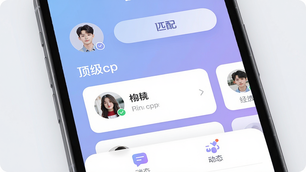 一张手机屏幕特写,画面中央展示着名为“顶级cp”的社交应用主界面,界面采用柔和的渐变蓝紫色调,顶部显示用户头像和匹配按钮,中间是卡片式用户资料流,底部有消息和动态图标,整体布局干净清爽,风格现代简约,细节圆润,画质清晰,无多余元素