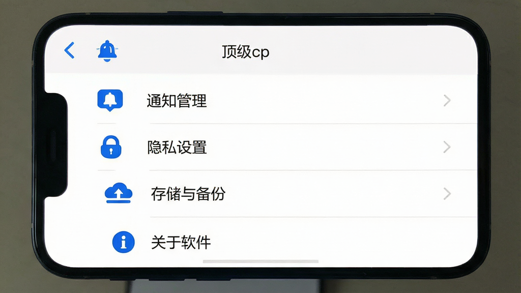 一张手机屏幕截图,画面中显示“顶级cp”应用内的设置菜单界面,菜单项包括“通知管理”、“隐私设置”、“存储与备份”、“关于软件”,界面采用白色背景和蓝色图标,布局清晰,风格简洁干净,画质清晰无多余元素