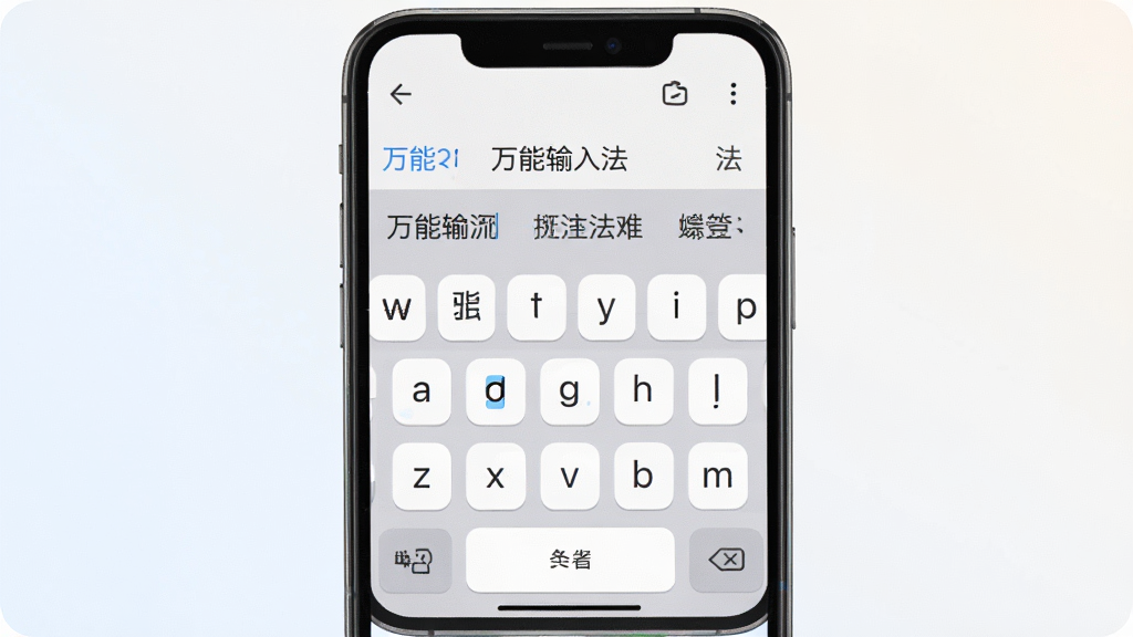 一张展示万能输入法手机端打字界面的图片,主体是手机屏幕显示万能输入法键盘正在输入中文,布局为居中手机正面特写,排版简洁,风格现代扁平化,细节上键盘按键圆润、候选词栏清晰、背景为浅色渐变,画质高清干净无多余元素