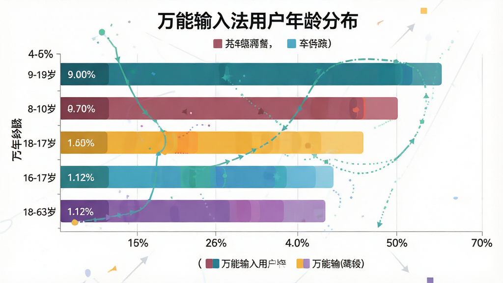 一张展示万能输入法用户年龄分布的柱状图,主体是不同年龄段用户占比数据图表,布局为横向柱状图排列,排版清晰,风格数据可视化扁平设计,细节上柱体用不同颜色区分、纵轴标注年龄段18-60岁、横轴标注百分比、有图例说明,画质高清干净无多余元素