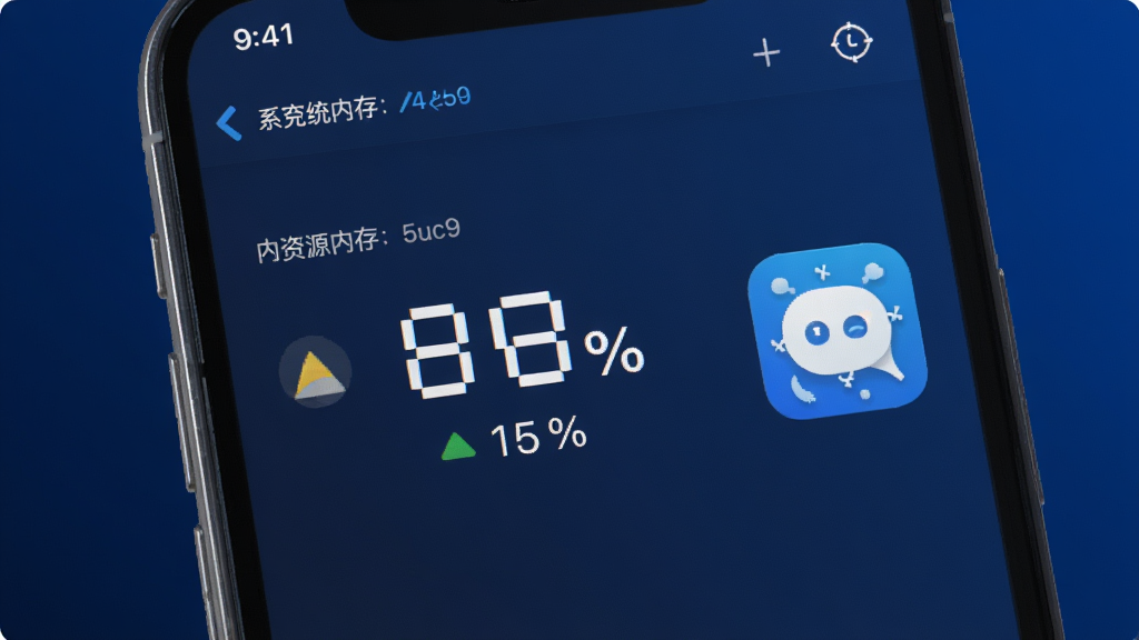 一张展示万能输入法低资源占用的图片,主体是手机屏幕显示系统内存占用数据界面,布局为手机界面特写,排版突出内存数值,风格科技感简约,细节上显示低内存占用百分比、旁边有输入法图标、背景为深蓝渐变,画质干净无多余元素