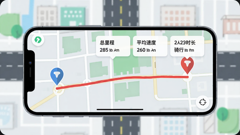 电动车智行App的智能骑行轨迹记录功能展示图,画面中一部手机横屏显示地图界面,地图上有一条红色骑行轨迹线,起点和终点有标记图标,轨迹旁边浮动显示总里程、平均速度和骑行时长数据卡片,背景是城市道路简图,风格扁平化,色彩鲜明,画质干净无多余元素