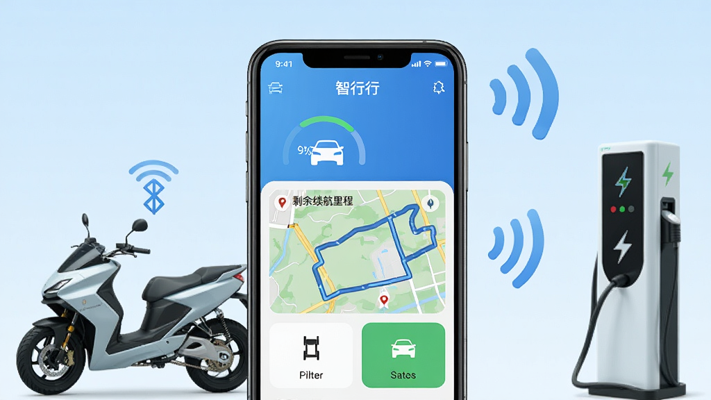 一张展示电动车智行App核心全貌的图片,画面中央是一部智能手机,屏幕上显示电动车智行App的主界面,界面中有电动车电量百分比、剩余续航里程、骑行轨迹地图和车辆状态图标,手机周围环绕着电动车、充电桩和蓝牙信号符号,背景是淡蓝色渐变,风格清爽现代,细节清晰,画质干净无多余元素