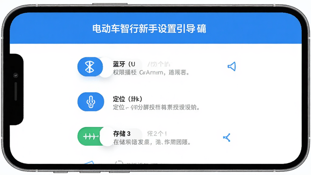电动车智行App新手设置引导界面图,手机屏幕显示权限授权页面,包含蓝牙、定位、存储三个权限开关,每个开关旁边有简短说明文字,界面以蓝色和白色为主,风格友好易读,画质干净无多余元素