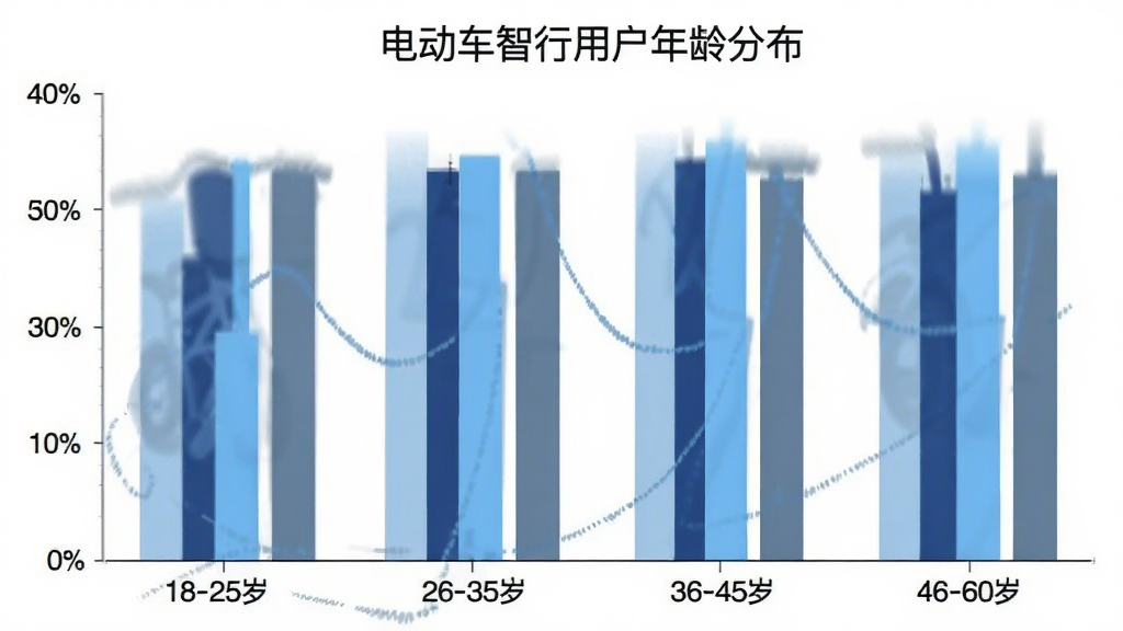 电动车智行用户年龄分布柱状图,横轴为年龄段18-25岁、26-35岁、36-45岁、46-60岁,纵轴为用户人数占比,柱状图颜色分别为浅蓝、深蓝、天蓝、灰蓝,图表标题为“电动车智行用户年龄分布”,背景白色,风格简洁数据可视化,画质干净无多余元素