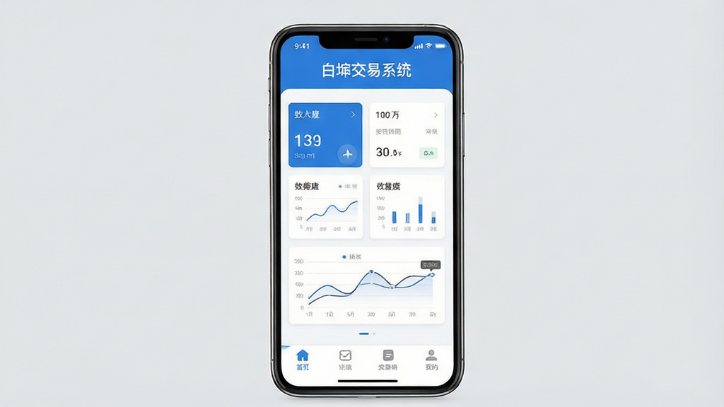一张展示“白交易系统”手机应用主界面的图片,画面中央是一部立着的智能手机,屏幕亮起显示应用界面,界面顶部有“白交易系统”的文字标识,中间区域是干净的数据卡片和图表线条,底部有清晰的导航按钮,整体布局简洁明了,风格现代扁平化,色调以蓝白为主,细节干净利落,画质清晰无多余元素,背景为纯色浅灰。