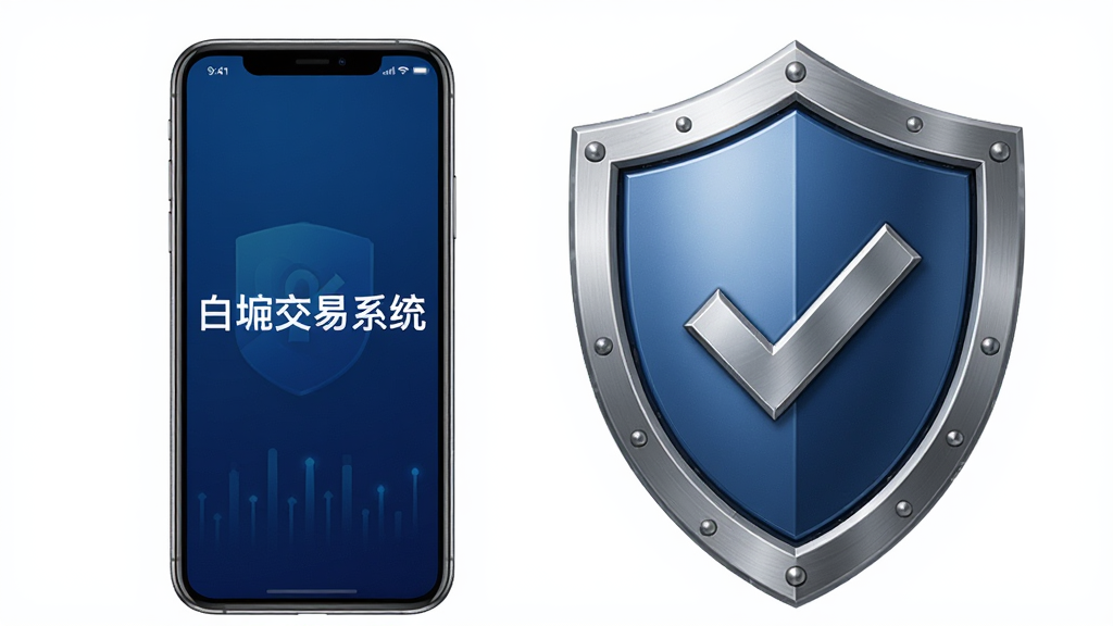 一张表现“白交易系统”数据本地化概念的图片,画面是一个手机和一个盾牌图标并排,盾牌上有对勾,手机屏幕上显示“白交易系统”字样,布局为左右对称式,风格安全可靠,细节上盾牌有金属质感,画质干净无多余元素,背景为深蓝色渐变。
