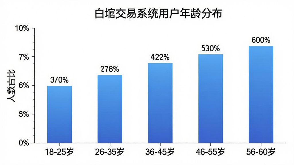 一张柱状图,标题为“白交易系统用户年龄分布”,横轴标注“18-25岁、26-35岁、36-45岁、46-55岁、56-60岁”,纵轴为人数占比,柱状颜色为蓝色渐变,每个柱子上方有具体百分比数字,整体布局清晰明了,风格简洁数据化,画质干净无多余元素,背景为白色。