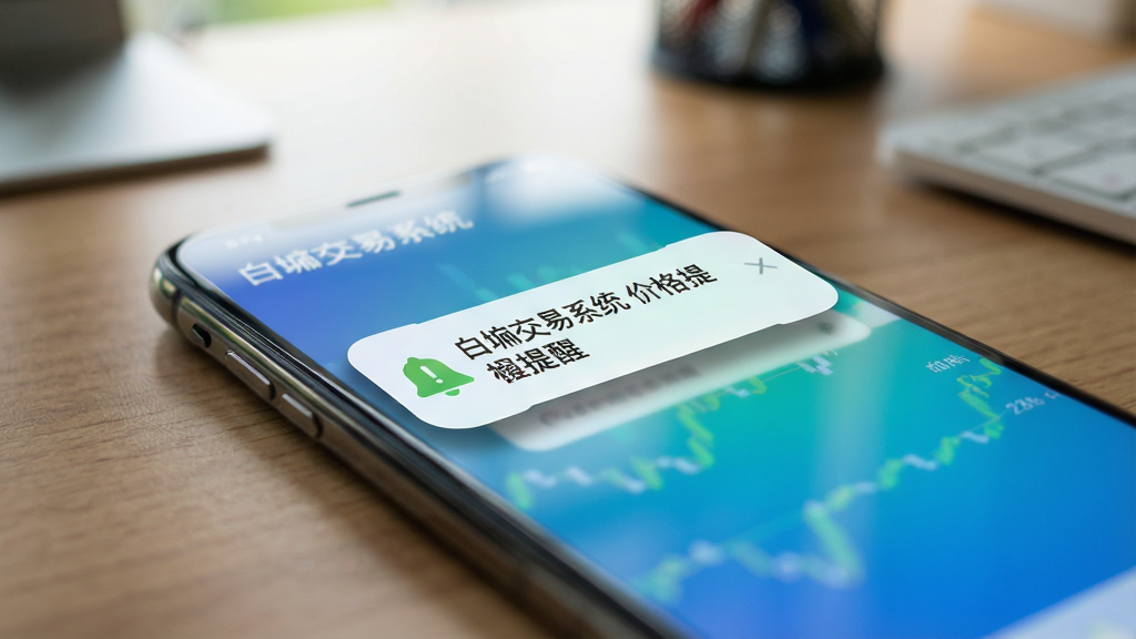 一张表现“白交易系统”自定义提醒功能的图片,画面是一部手机放在桌面上,屏幕亮起显示一条通知弹窗,弹窗上写着“白交易系统 价格提醒”,背景是模糊的桌面环境,布局聚焦于手机和弹窗,风格生活化,细节上通知卡片有圆角阴影,画质清晰无多余杂物。