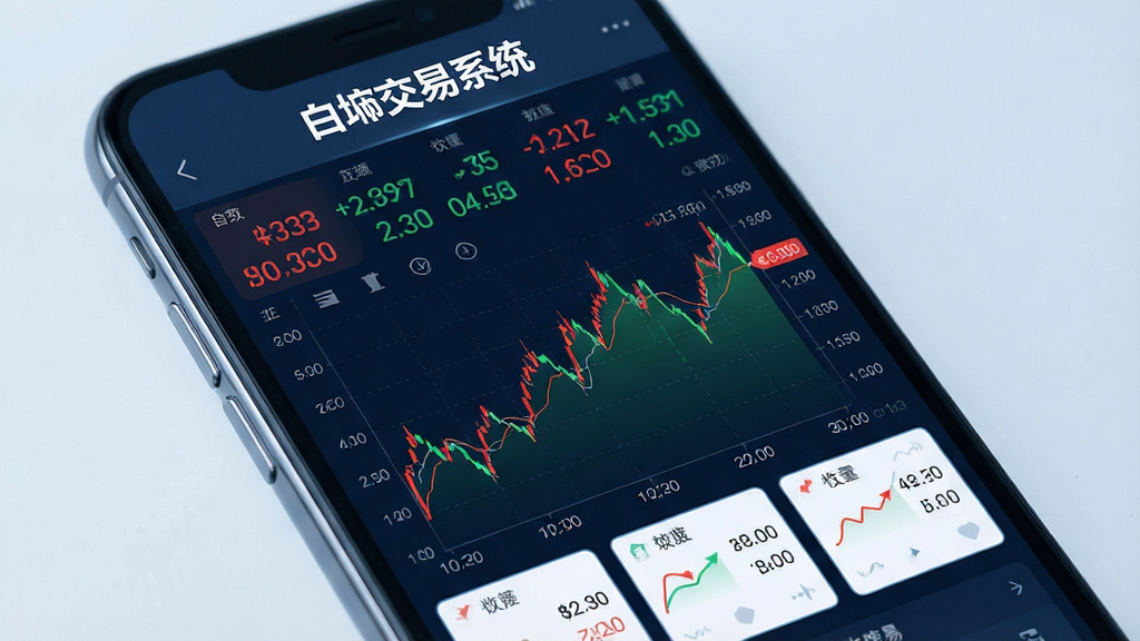 一张表现“白交易系统”实时行情功能的图片,画面主体是手机屏幕特写,屏幕上显示着红绿相间的数字和折线图,上方有“白交易系统”字样,布局排版为顶部标题、中部大图表、底部小数据卡片,风格偏向科技感但保持简洁,细节上数字清晰锐利,画质干净无杂乱背景,整体色调冷静专业。
