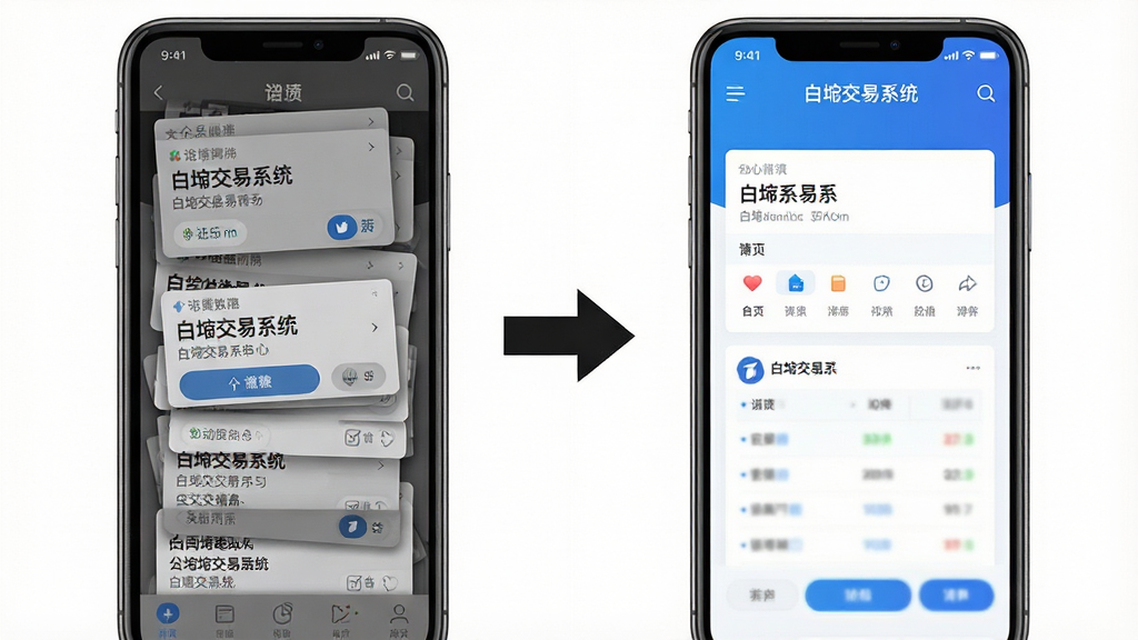 一张对比风格的图片,左边是杂乱布满广告弹窗的手机屏幕,右边是干净整洁的“白交易系统”界面,中间有箭头指向右边,布局为左右对比式,风格直观明了,细节上左边用灰色调表示烦躁,右边用蓝白色调表示清爽,画质干净,背景为纯白。