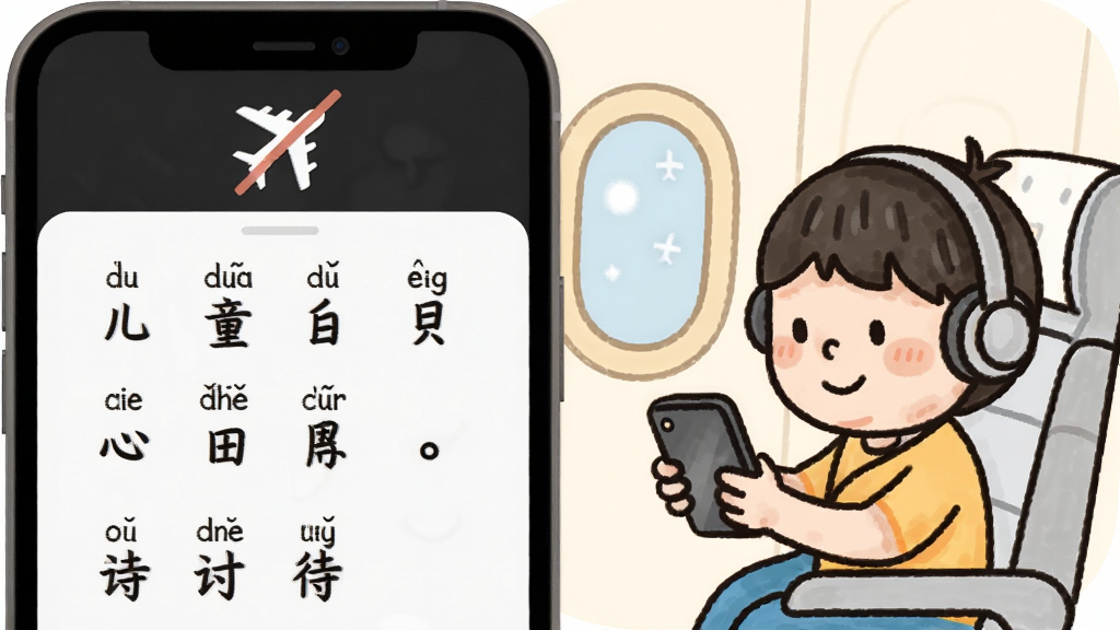 一张儿童古诗拼音版App离线使用场景图,画面展示手机屏幕显示古诗内容,屏幕上方有飞机图标和斜杠表示飞行模式,旁边有儿童在飞机座位上戴耳机看着手机微笑的简笔画,风格温馨简洁,画质干净