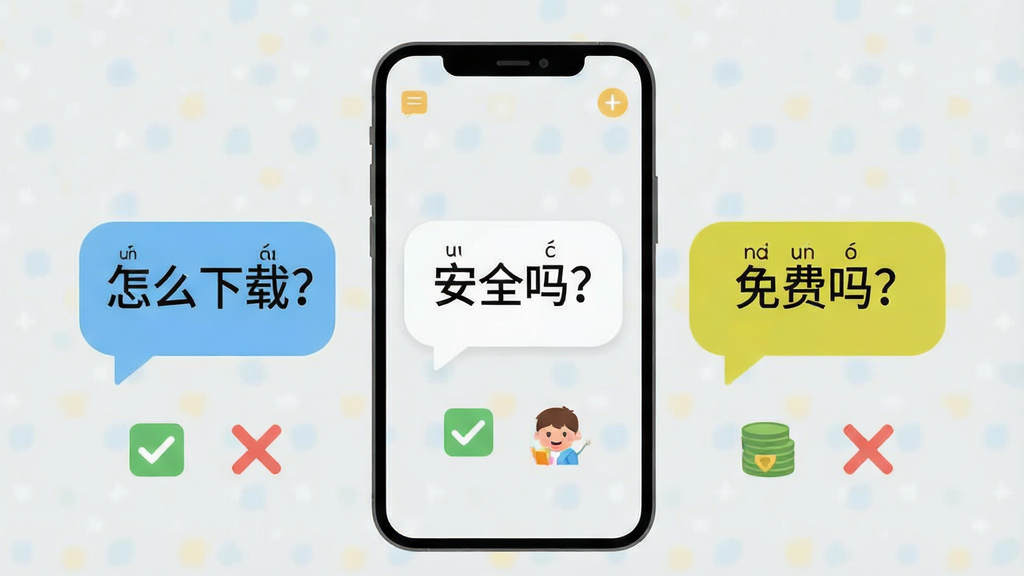 一张儿童古诗拼音版App问答界面示意图,画面展示手机屏幕上有三个问答气泡,分别写着“怎么下载?”“安全吗?”“免费吗?”,气泡下方有简洁的勾选和叉号图标,背景为浅灰色,风格扁平化,画质干净,无多余装饰