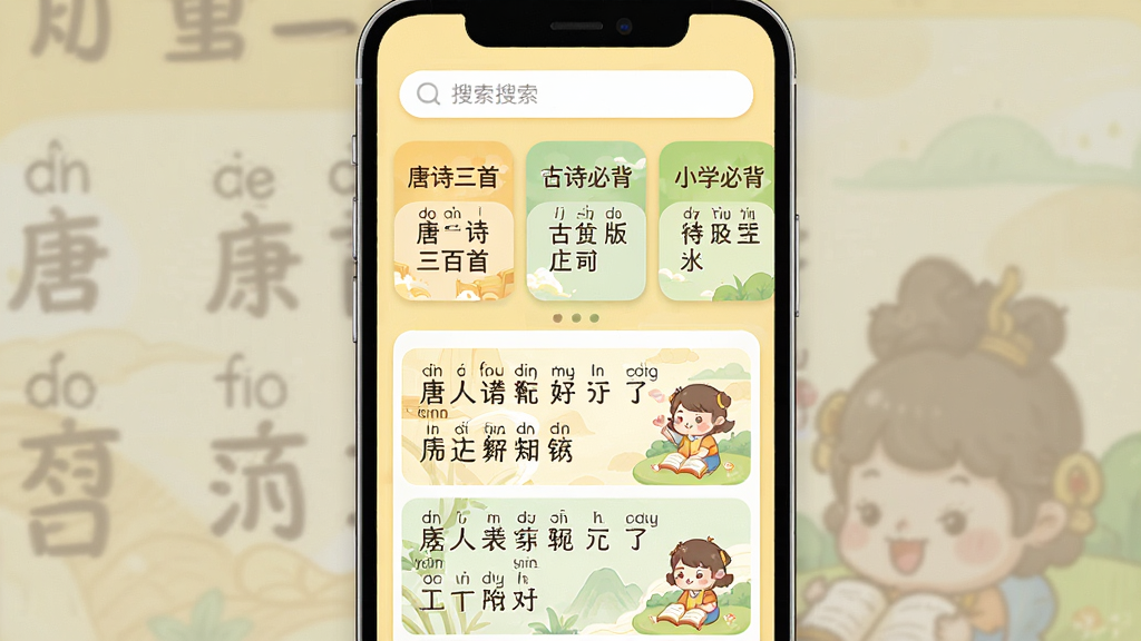 一张手机应用界面展示图,画面中央是儿童古诗拼音版App的主界面,顶部有搜索栏,中间是古诗分类卡片如唐诗三百首、小学必背等,下方展示古诗列表配有拼音和插画,整体色调为温馨的浅黄色和淡绿色,风格卡通可爱,布局清晰,画质干净,无多余元素