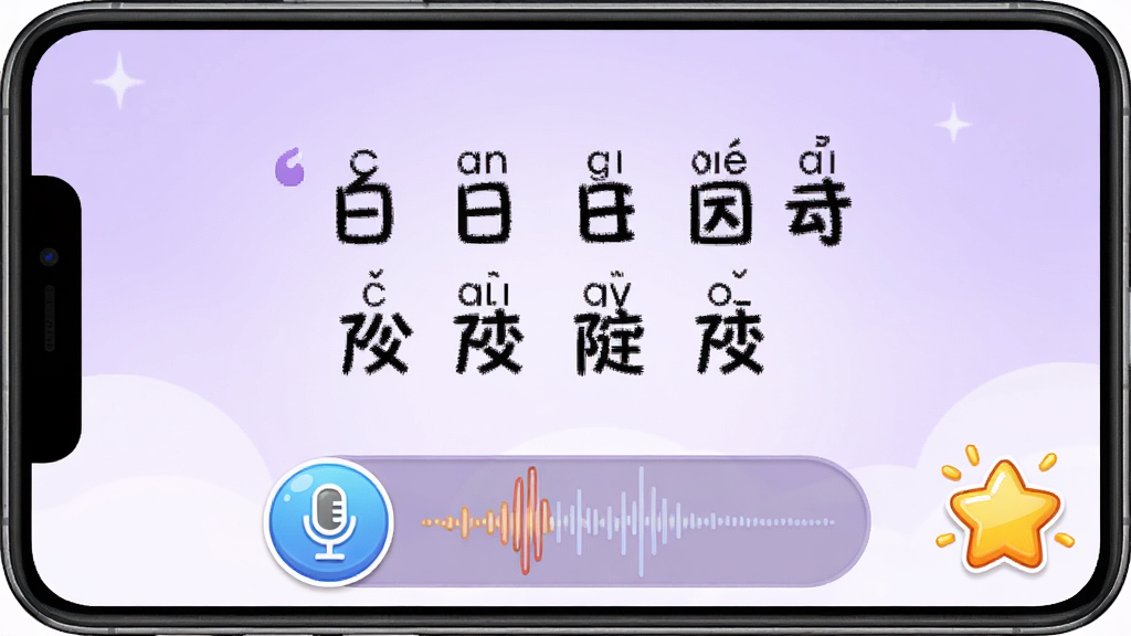 一张儿童古诗拼音版App跟读界面展示图,画面中央显示一句古诗,下方有麦克风按钮和录音波形,右侧有星星奖励图标,背景为淡紫色渐变,风格活泼可爱,画质清晰,无杂乱元素