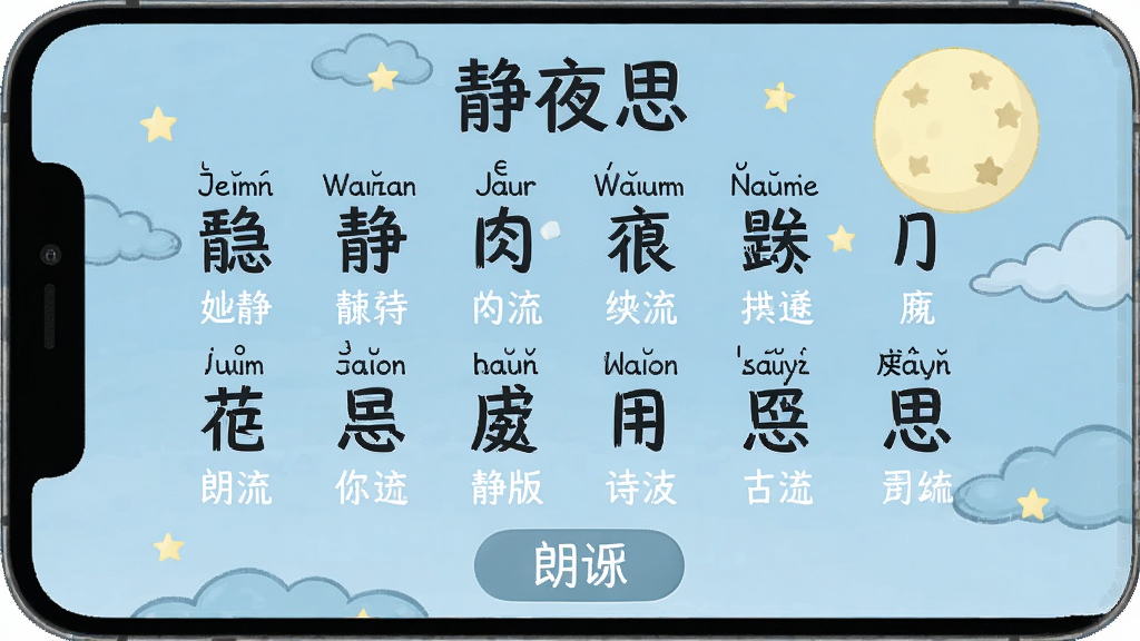 一张儿童古诗拼音版App内页展示图,画面中央是一首古诗《静夜思》的全文展示,每个汉字上方有清晰的拼音标注,下方有白话译文和朗读按钮,背景是淡蓝色夜空和月亮插画,风格简洁童趣,画质清晰,文字无乱码