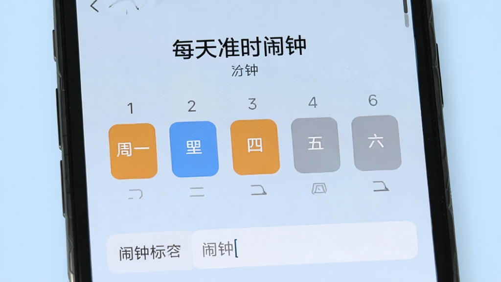 手机屏幕显示“每天准时闹钟”的闹钟编辑界面,用户正在设置重复日期,周一到周五被高亮选中,周六周日为灰色未选中状态,界面下方有闹钟标签输入框,背景为柔和的浅蓝色,整体布局清晰,风格简约,画质干净,无多余元素