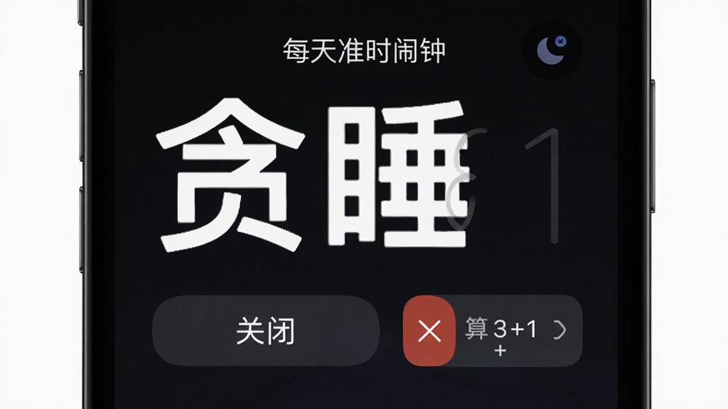 手机屏幕展示“每天准时闹钟”的响铃界面,屏幕中央显示当前时间和大大的“贪睡”与“关闭”按钮,关闭按钮旁边有一个简单的算术题验证框,背景为深色模式以减少夜间刺眼,界面元素清晰,风格简洁,画质干净,无多余元素