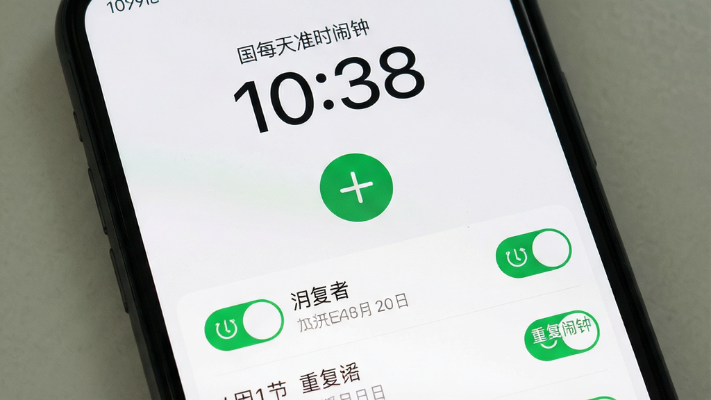 一张手机屏幕特写,画面中央是“每天准时闹钟”App的主界面,浅色背景,顶部显示当前时间,中间有醒目的加号按钮用于添加闹钟,下方列出几个已设置的闹钟开关和重复日期标签,界面设计简洁清爽,无广告弹窗,风格现代扁平,画质干净,无多余元素