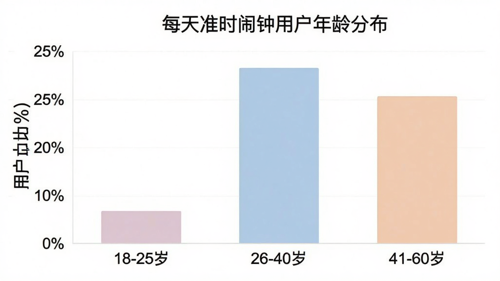一张柱状图,横轴为年龄段“18-25岁”、“26-40岁”、“41-60岁”,纵轴为用户占比百分比,柱子高度分别显示约30%、45%、25%,图表标题为“每天准时闹钟用户年龄分布”,配色柔和,风格简洁,画质干净,无多余元素
