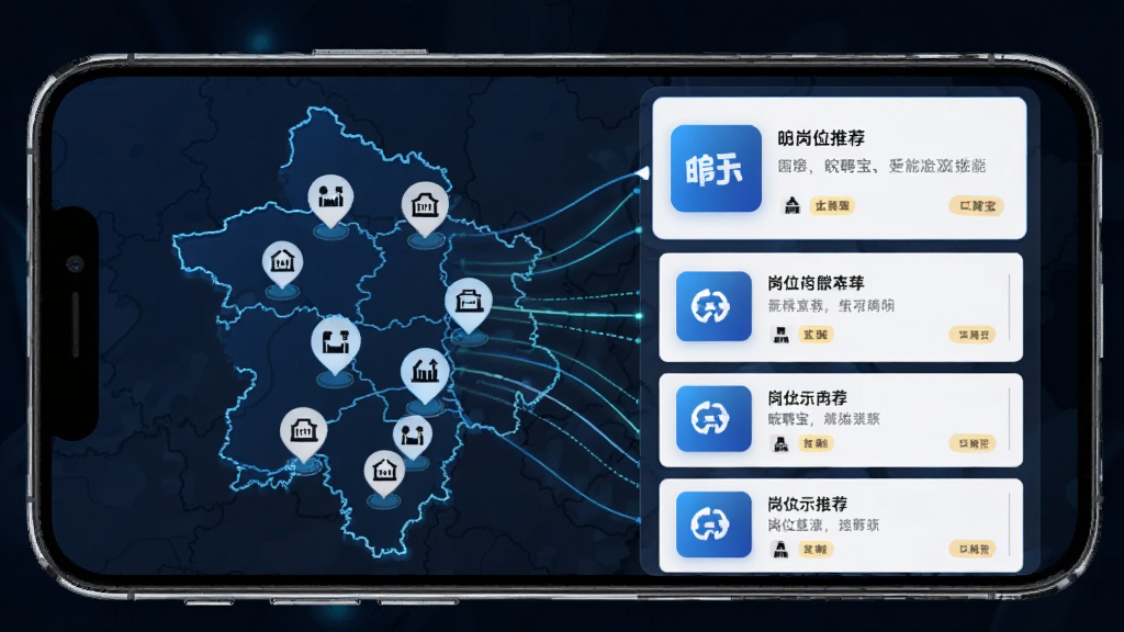 皖聘宝 智能推荐功能示意图 主体为手机屏幕 界面显示安徽地图轮廓 地图上分布多个企业图标 右侧弹出岗位推荐卡片 布局为地图加列表组合 风格科技感 细节有数据流线条 画质清晰 无多余元素