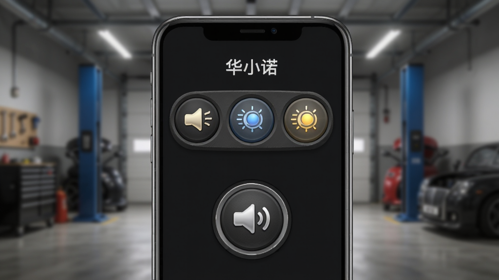 “华小诺”App灯光控制界面,主体是手机屏幕显示车灯开关和喇叭按钮,布局为上方三个灯光按钮、下方一个喇叭按钮,排版居中,风格为拟物化按钮设计,细节上按钮有按压立体感,背景为车库场景虚化,画质清晰,干净,无多余元素