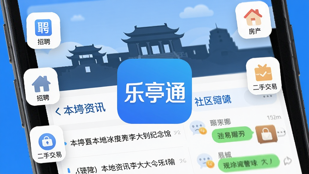 手机屏幕特写,画面中心是“乐亭通”App的图标和主界面,背景是乐亭县的地标建筑剪影如李大钊纪念馆,界面显示本地资讯列表和社区聊天板块,周围环绕着招聘、房产、二手交易等小图标,风格现代扁平,色彩以蓝色和白色为主,画质清晰,干净,无多余元素