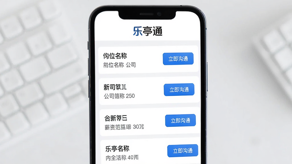 手机屏幕展示“乐亭通”App的招聘页面,页面顶部有“乐亭通”文字标识,下方是招聘信息列表,包含岗位名称、公司名称、薪资范围等,旁边有“立即沟通”按钮,风格简洁商务,画质清晰,干净,无多余元素