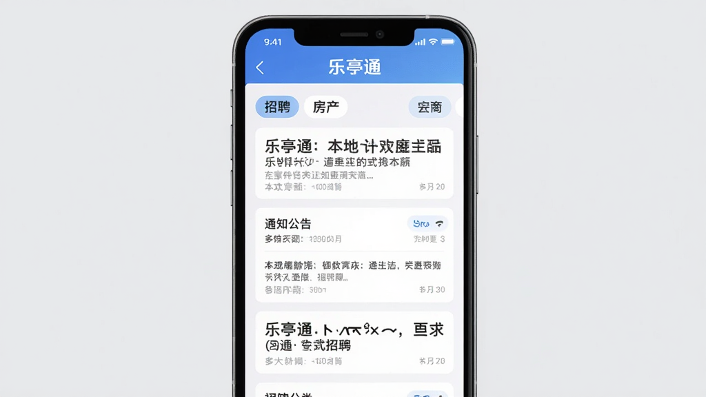 手机屏幕展示“乐亭通”App的资讯页面,页面顶部有“乐亭通”文字标识,下方是卡片式新闻列表,包含本地新闻、通知公告等标题,旁边有招聘、房产等分类标签,背景是简洁的浅灰色,风格现代扁平,画质清晰,干净,无多余元素