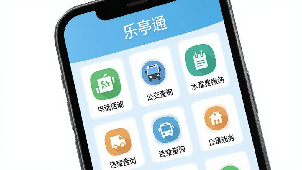 手机屏幕展示“乐亭通”App的便民服务页面,页面顶部有“乐亭通”文字标识,下方是网格状排列的图标,包括电话簿、公交查询、违章查询、水电费缴纳等,图标设计简洁明了,背景为浅蓝色,风格现代扁平,画质清晰,干净,无多余元素